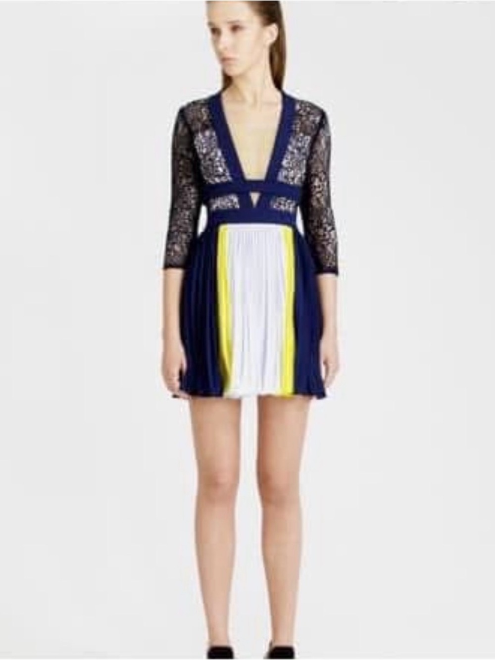 Three floors Lace V‑Neck Pleated Mini Dress with White & Yellow Panels